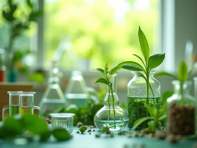 Blended image of science and nature, a beaker with a plant growing in it, and a clean, sparkling surface.