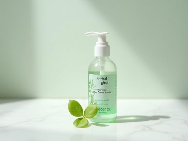 Herbal Gleam Plant-Based Sanitizer, pump bottle with natural labeling on a clean counter